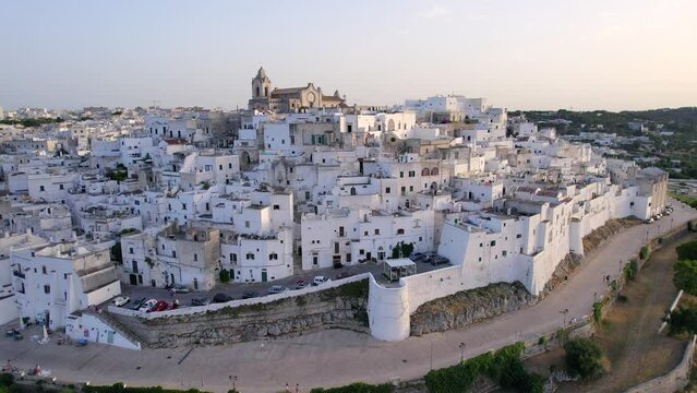 4K Aerial of Ostuni, 'the White Town' in Apulia, South of Italy.