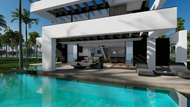 4K video rendering of modern cozy house with pool and parking for sale or rent in luxurious style by the sea or ocean. Sunny day by the coast with palm and flowers in tropical island Fly-walk