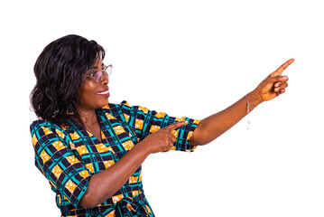 beautiful adult business woman pointing fingers aside smiling.
