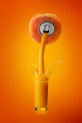 peach juice is pouring from a peach into a glass with many splashes on an orange background