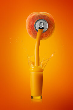peach juice is pouring from a peach into a glass with many splashes on an orange background