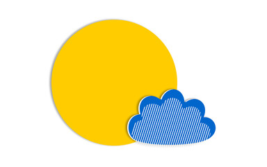Big yellow sun with small blue cloud in paper cut style. Modern clear weather forecast design. Horizontal white poster.