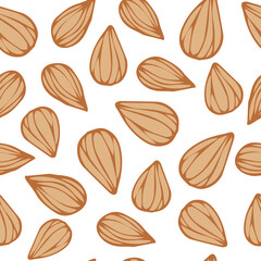 Almonds seamless pattern on a white background. Almond nuts vector illustration.
