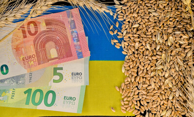 European Union euro banknotes on the flag of Ukraine and grains with ears of wheat on a black...