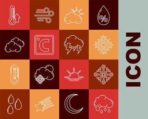 Set line Cloud with rain, Snowflake, Sun and cloud weather, Celsius, Thermometer and Storm icon. Vector