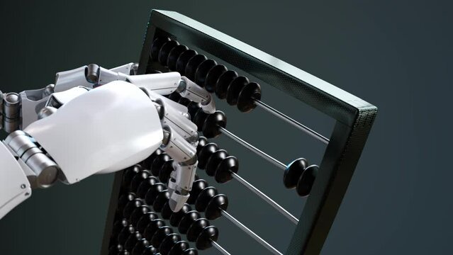 Robot using an abacus. Artificial intelligence makes arithmetical calculations