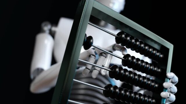 Robot using an abacus. Artificial intelligence makes arithmetical calculations