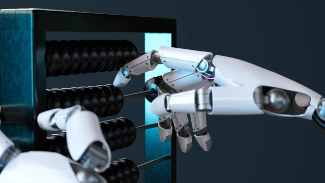 Robot using an abacus. Artificial intelligence makes arithmetical calculations