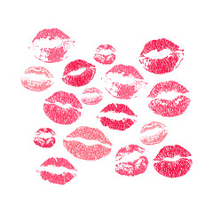 Imprint of Female Lips. Set. Sweet Kiss. Symbol of Romance Love. Silhouette of Seductive Sexy Woman Lips. Smooch. Red and Pink Color. White background. Vector illustration for Valentine Day Design.