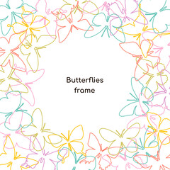 Frame of multicolored contour butterflies on a dark background.