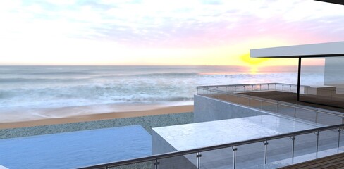 Fototapeta na wymiar Amazing dawn. The sun rises from the sea. View from the terrace of a luxury high-tech house. 3d render. Great picture for romantic scenes.