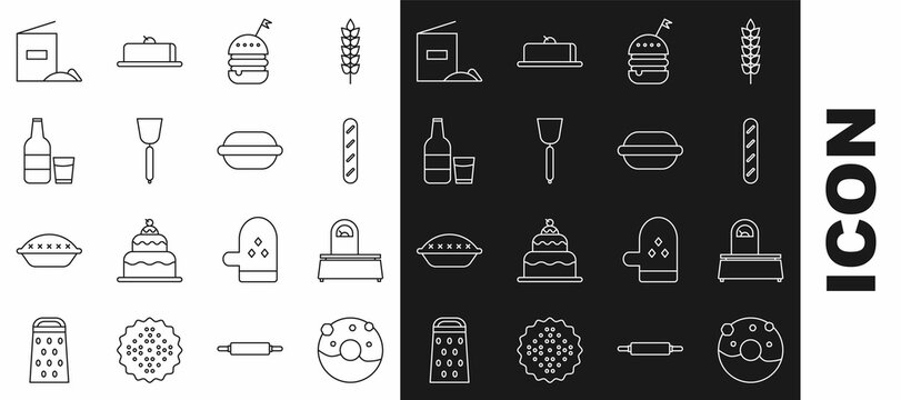 Set line Donut with sweet glaze, Scales, French baguette bread, Burger, Spatula, Glass bottle milk and glass, Flour pack and Macaron cookie icon. Vector
