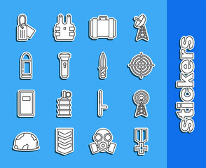 Set line Military reward medal, Radar, Target sport for shooting competition, ammunition box, Flashlight, Bullet, dog tag and knife icon. Vector