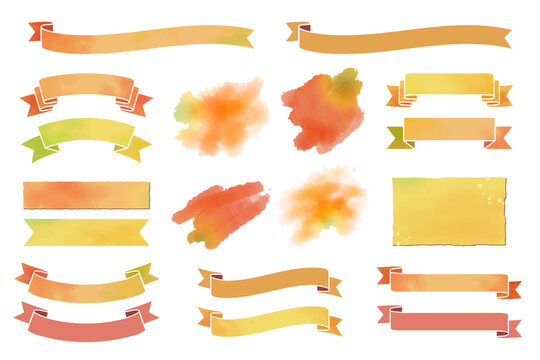 秋らしい色合いのの水彩風リボン素材セット（文字無し）