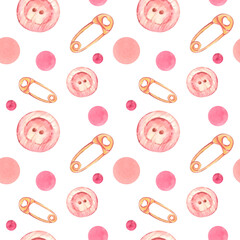 Seamless background with watercolor circles, pin, button isolated on white background
