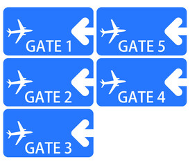 Vector graphic with five boards with airport gates