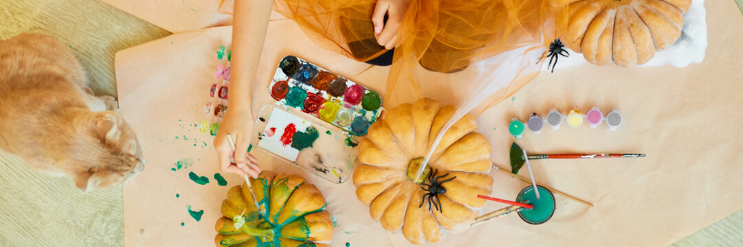 banner child child decorating a pumpkin at home with cat