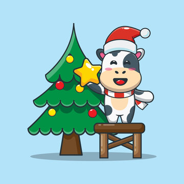 Cute cow taking star from christmas tree. Cute christmas cartoon illustration.