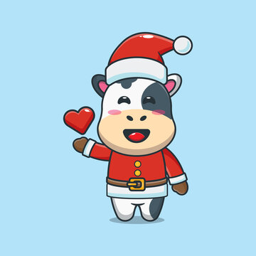 Cute cow wearing santa costume. Cute christmas cartoon illustration.