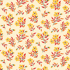 Seamless floral pattern with decorative plants in folk style. Rustic ditsy print, natural botanical background with yellow flowers, red leaves on a light surface. Vector.
