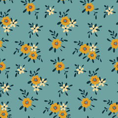 Seamless floral pattern, cute ditsy print with small bouquets of yellow flowers on a blue background. Botanical surface design with tiny hand drawn plants, flowers, leaves. Vector illustration.