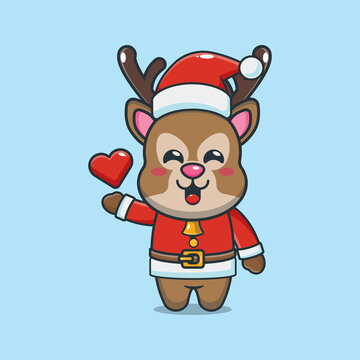 Cute deer wearing santa costume. Cute christmas cartoon illustration.