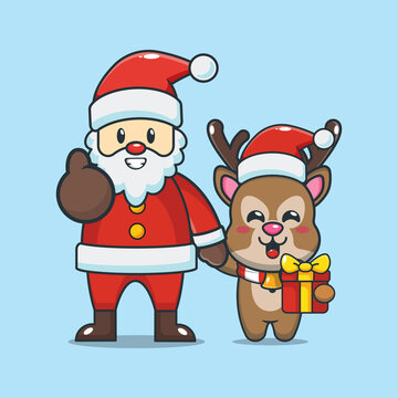 Cute deer with santa claus. Cute christmas cartoon illustration.