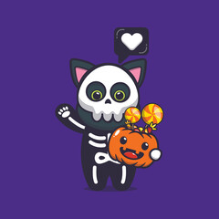 cute cat with skeleton costume holding halloween pumpkin. cute halloween cartoon vector illustration