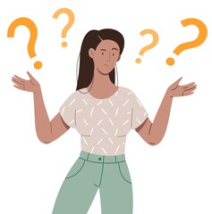 Confused girl with question marks. Isolated flat character on a white background.