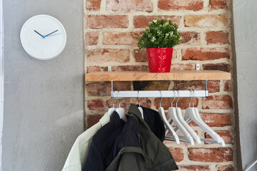 Modern hallway interior with hanger, clock, decorative plant and brick wall. High quality photo