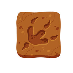 Footprints of a fossil dinosaur. Dino reptile foot trail. Paw in brown clay or stone.