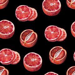 Orange fruit watercolour seamless in sketch style on black background.