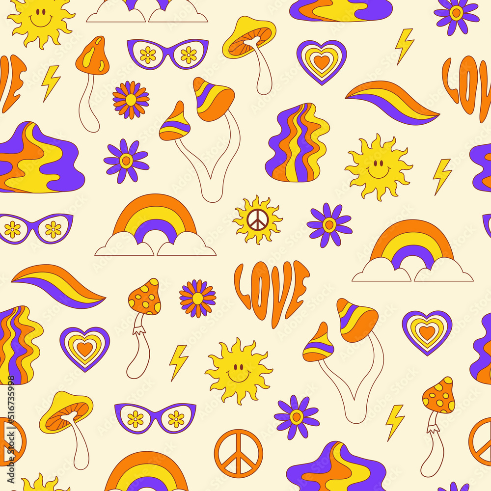 Aufkleber Retro groovy seamless pattern with hippie elements on a light background. Vector illustration in style 70s, 80s