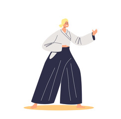 Woman aikido fighter in costume for competition or training. Traditional japanese martial arts