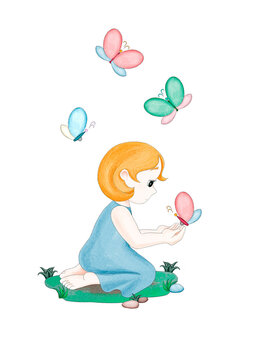 A cute little cartoon girl in a light summer blue dress sits on the grass in profile. There are large beautiful butterflies around her. Digital illustration in watercolor style