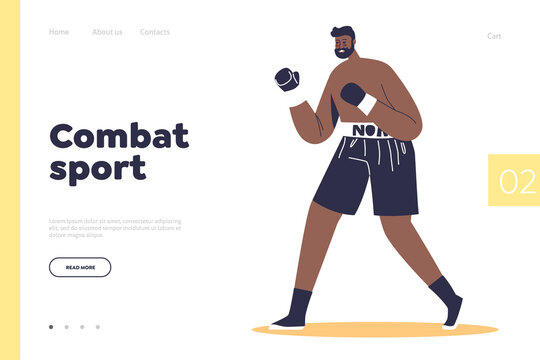 Combat sport concept of landing page with male boxer wearing boxing gloves for fight