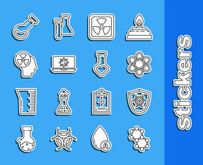 Set line Molecule, Biohazard symbol on shield, Atom, Radioactive, Bacteria laptop, Human head and radiation, Test tube flask chemical and icon. Vector