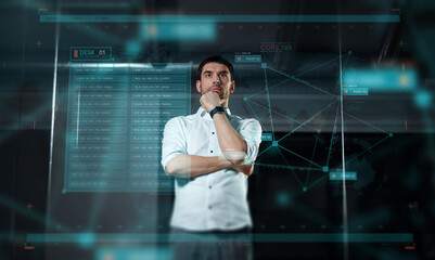 business, future technology and people concept - businessman looking at projection on virtual screen at night office