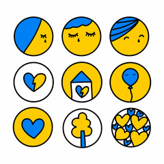 Set of icon logo in cartoon doodle style ukrain tragedy flag color