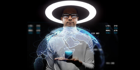 future technology and virtual reality concept - man in glasses with smart speaker under white...