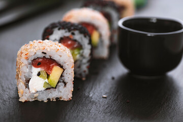 Sushi roll with rice. Sushi menu. Japanese food.