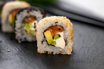Sushi roll with rice. Sushi menu. Japanese food.