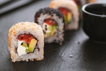 Sushi roll with rice. Sushi menu. Japanese food.