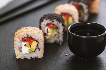 Sushi roll with rice. Sushi menu. Japanese food.