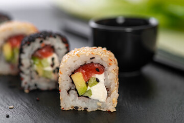 Sushi roll with rice. Sushi menu. Japanese food.
