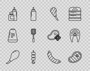 Set line Chicken leg, Steak meat, Rib eye steak, Grilled shish kebab on skewer stick, Sauce bottle, Spatula, Sausage and Fish icon. Vector