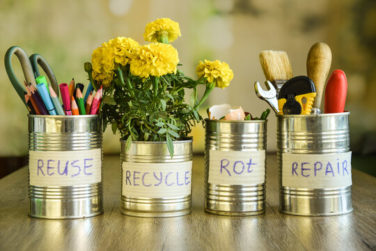 Using cans on different purposes at domestic life. Stationery, home flower, tools, organic waste in tin cans standing in row on blurred background. Upcycling, Environment conservation. Reducing waste
