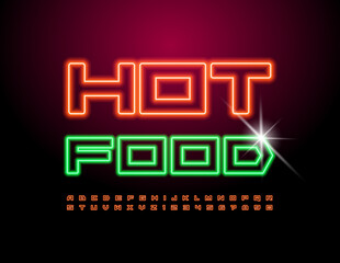 Vector colorful banner Hot Food. Bright Neon Font. Glowing Alphabet Letters and Numbers