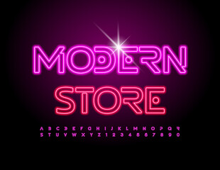 Vector bright emblem Modern Store. Pink Neon Font. Glowing Alphabet Letters and Numbers set