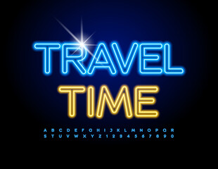 Vector advertising poster Travel Time. Glowing Blue Font. Neon Alphabet Letters and Numbers set